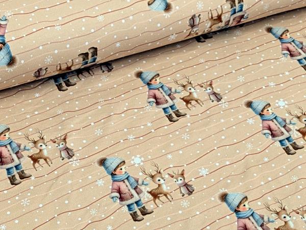 Eigenproduktion Baumwolljersey Winter Kind mit Rehkitzen auf Braunbeige